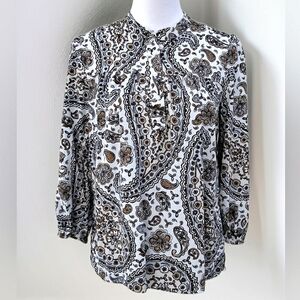 LOFT Chic Paisley & Floral Pleated Long Sleeve Blouse Sz Small